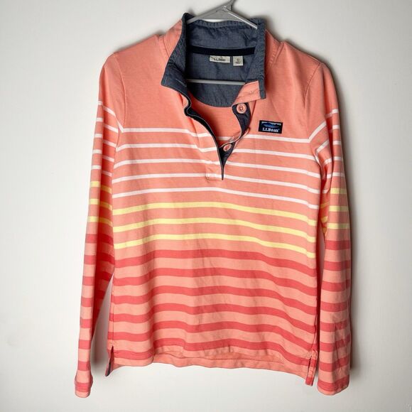 L.L. Bean Tops - LL Bean Womens  Striped  Cotton Rugby Henley Pullover Sweater Shirt SZ XS Orange